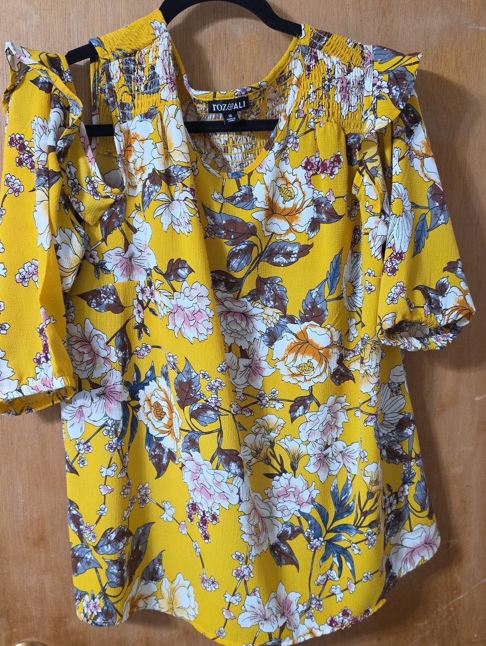 Roz & Ali Yellow Floral Cold-Shoulder Blouse
